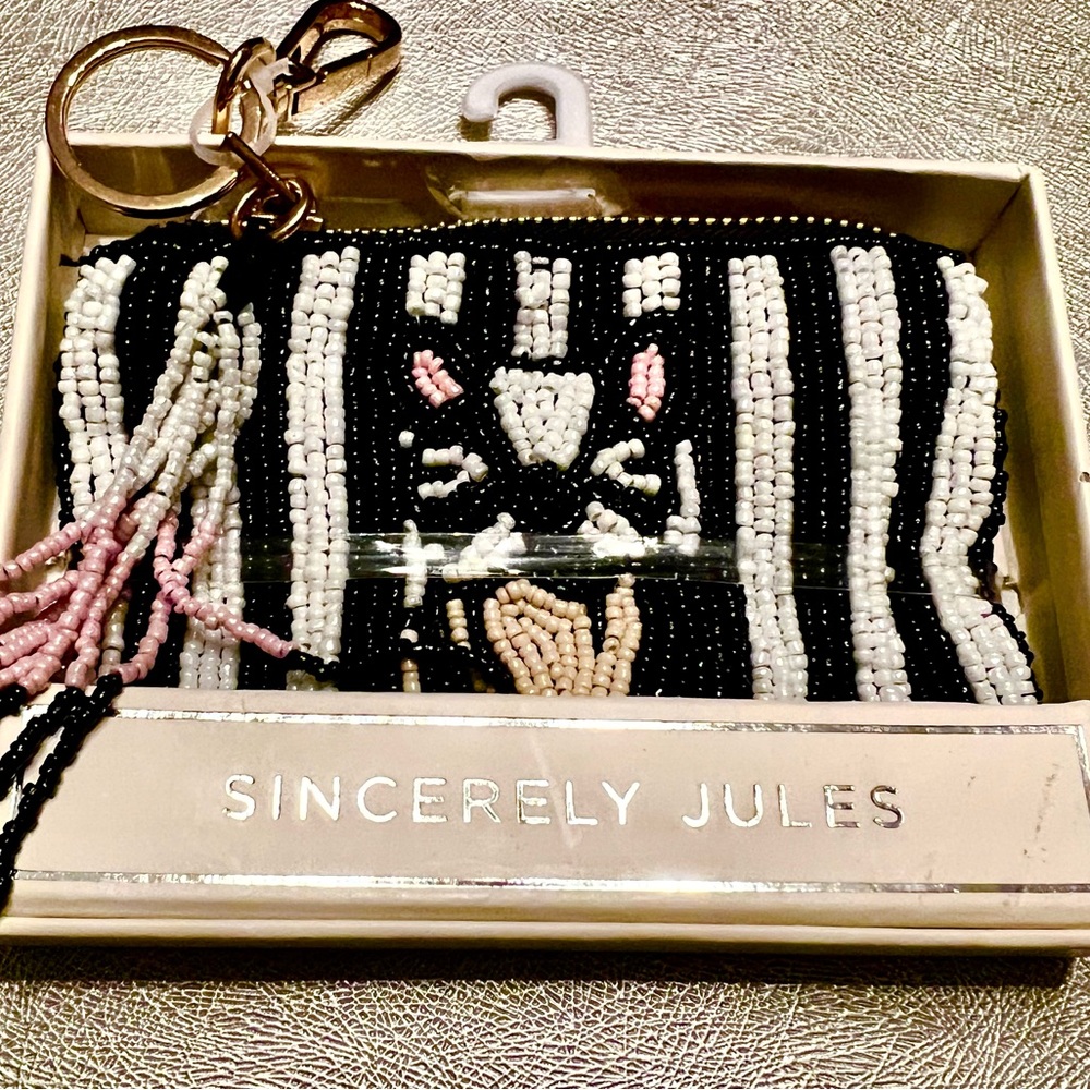 NEW Sincerely Jules French Bulldog Black/White Striped Beaded Key & Card Holder.